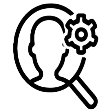 illustration of a magnifying glass with the silhouette of a person's head inside. Illustration has a cog or wheel on the right hand side of the magnifying glass.