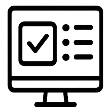 Simple illustration of a monitor, with the screen showing a tick on the left hand side and a list icon on the right hand side.