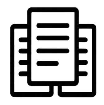 Simple illustration of three sheets of paper. One sheet is central and stacked above the others. Each has 4 lines that convey words.