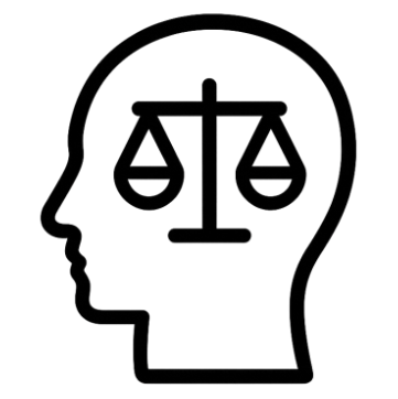 illustration of the outline of a person's side profile. Inside the outline is a simple illustration of an old set of scales, with a weighing platform on each side.